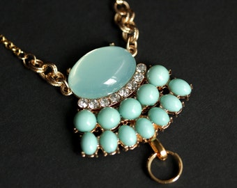 Art Nouveau Aqua Blue Crystal Badge Lanyard Necklace