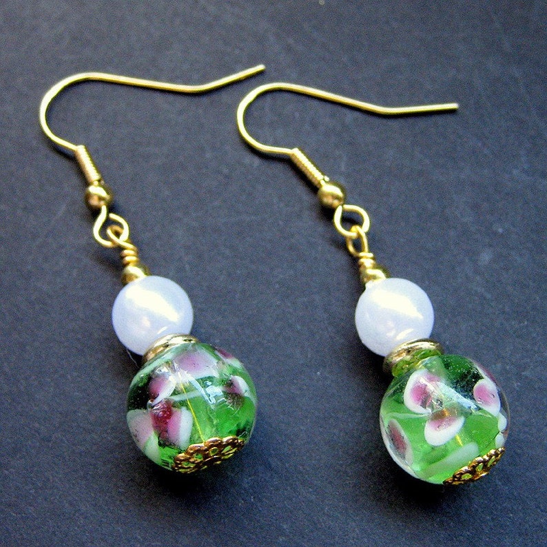 Green Earrings. Lampwork Earrings with Pink Flowers Peony Petals. Handmade Jewelry. image 4