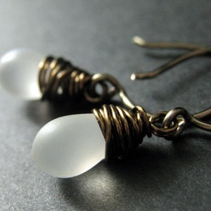 Frost White Earrings: Teardrop Earrings Wire Wrapped in Bronze Elixir of Frost. Handmade Earrings. image 1