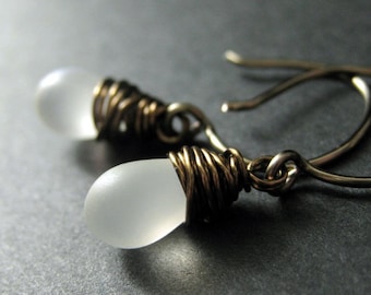 Frost White Earrings: Teardrop Earrings Wire Wrapped in Bronze - Elixir of Frost. Handmade Earrings.