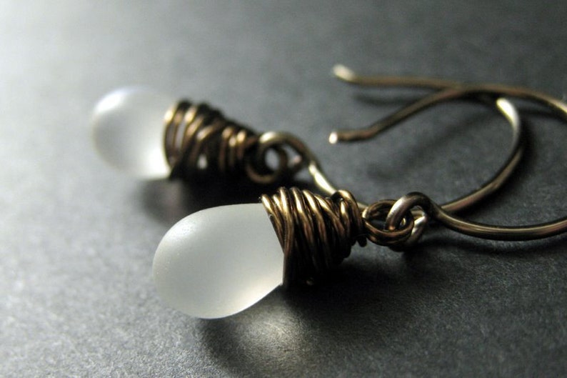 Frost White Earrings: Teardrop Earrings Wire Wrapped in Bronze Elixir of Frost. Handmade Earrings. image 1