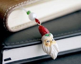 Santa Themed Bookmark. White and Red Beaded Bookmark. Christmas Book Charm. Holiday Book Thong. Library Decor. Book Decor. Handmade Bookmark