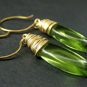 Olive Green Earrings. Wire Wrapped Dangle Earrings. Glass Drop Earrings. Handmade Earrings. image 1