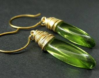 Olive Green Earrings. Wire Wrapped Dangle Earrings. Glass Drop Earrings. Handmade Earrings.