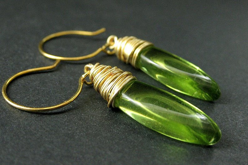 Olive Green Earrings. Wire Wrapped Dangle Earrings. Glass Drop Earrings. Handmade Earrings. image 1