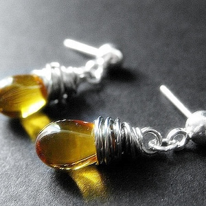 Honey Glass Teardrop Stud Earrings Wire Wrapped in Silver. Handmade Jewelry image 1