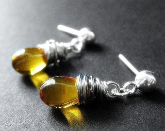 Honey Glass Teardrop Stud Earrings Wire Wrapped in Silver. Handmade Jewelry