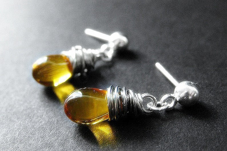 Honey Glass Teardrop Stud Earrings Wire Wrapped in Silver. Handmade Jewelry image 1