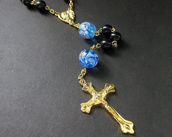 Single Decade Pocket Rosary, Blue Glass Marbles, Gold. Handmade Jewelry