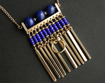 Blue Gemstone Beaded Lanyard: Gold Plated Badge Necklace