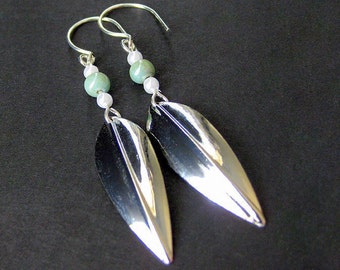 Silver Leaf Earrings: Beaded Earrings in Aqua Ceramic Beads. Handmade Jewelry.