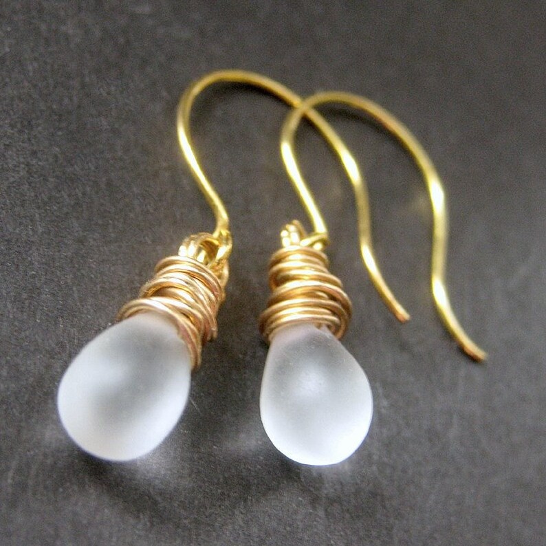 Frosted Glass Teardrop Earrings. Gold Earrings. Wire Wrapped Teardrop Earrings. Dangle Earrings. Handmade Earrings. image 3