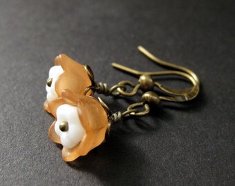 Floral Earrings in Apricot Peach and White. Handmade Jewelry