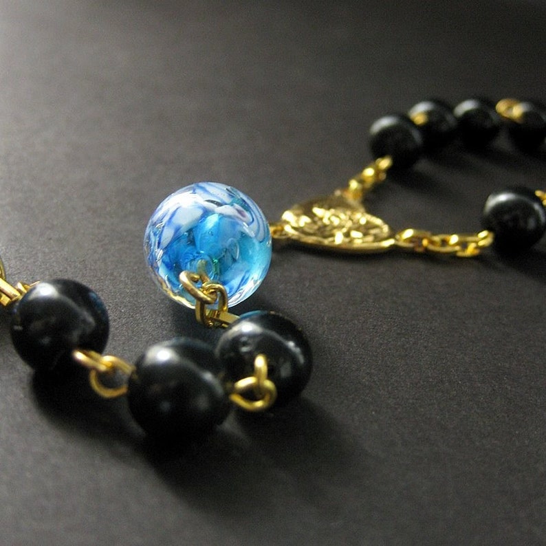 Single Decade Pocket Rosary, Blue Glass Marbles, Gold. Handmade Jewelry image 5