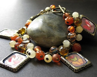 Butterfly Bracelet. Gemstone Charm Bracelet in Autumn Colors of Orange, Honey and Jade. Handmade Jewelry.
