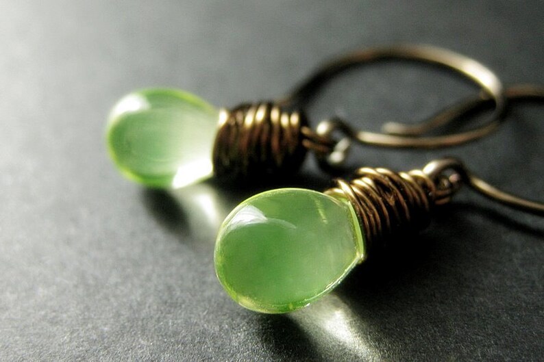 Lemon Lime Earrings in Yellow Green Wire Wrapped in Bronze Elixir of Limeaide. Handmade Earrings. image 1