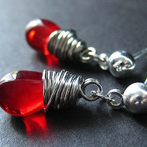Red Earrings. Teardrop Earrings. Wire Wrapped Earrings with Silver Stud Earrings. Handmade Jewelry