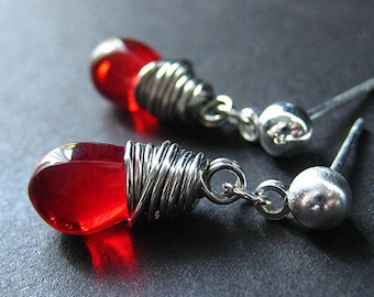 Red Earrings. Teardrop Earrings. Wire Wrapped Earrings with Silver Stud Earrings. Handmade Jewelry