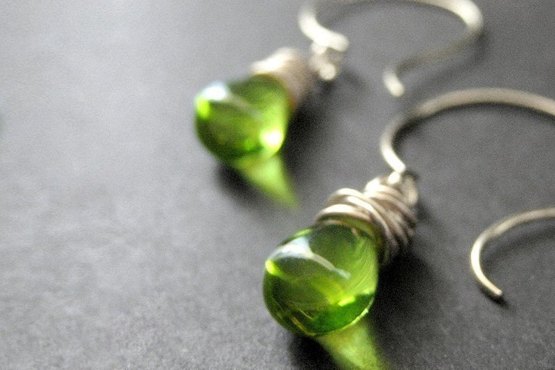 Green Earrings. Teardrop Earrings. Wire Wrapped Earrings in Green and Silver. Elixir of Absinthe. Handmade Earrings. image 1