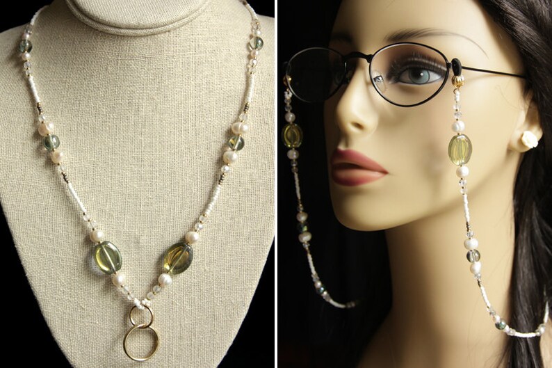 Badge Necklace or Eyeglass Leash. Taupe Lanyard. Pearl Etsy