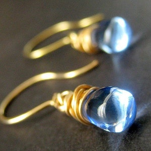 Blue Teardrop Earrings Wire Wrapped Elixir of Raindrops in Gold. Handmade Jewelry image 1