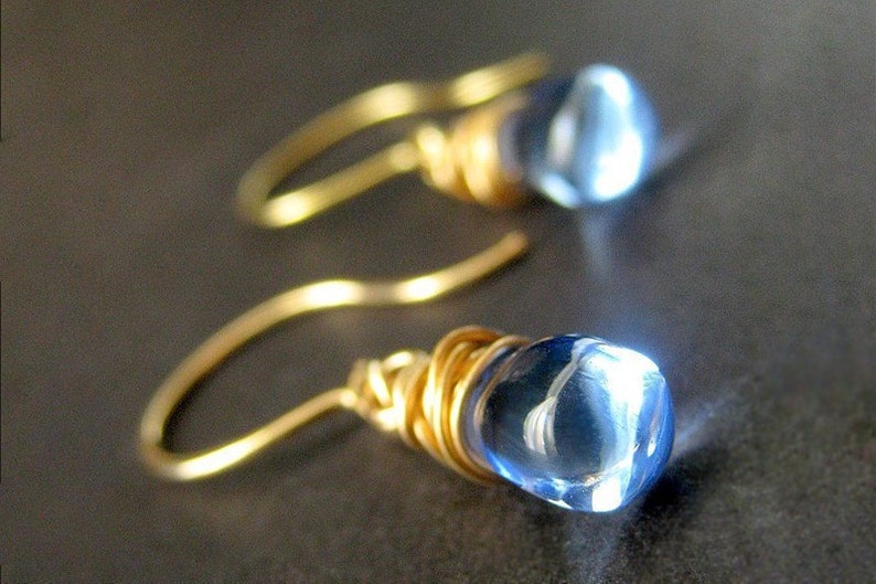 Blue Teardrop Earrings Wire Wrapped Elixir of Raindrops in Gold. Handmade Jewelry image 1