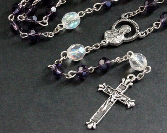 Purple Crystal Catholic Rosary with Bright Crystal Paters and Silver. Crystal Rosary. Purple Rosary. Handmade Rosary.