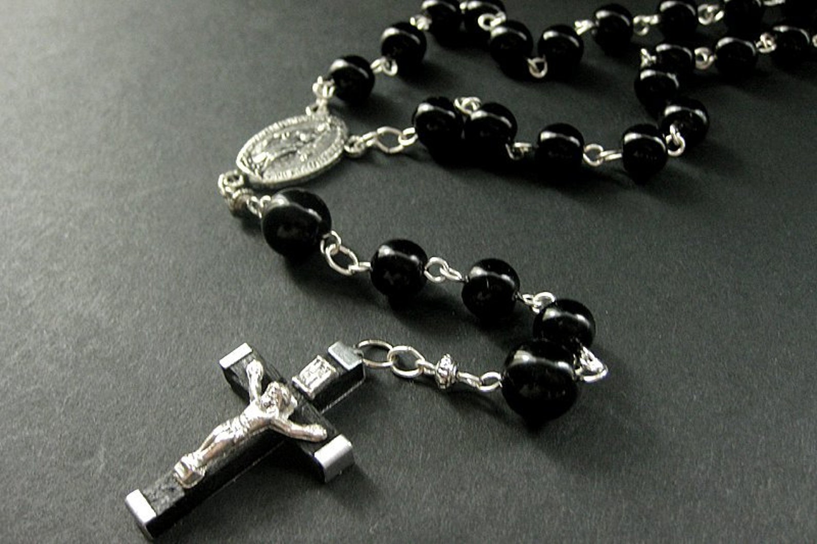 Classic Black Rosary Beaded in Silver. Unisex Rosary. Mens Etsy