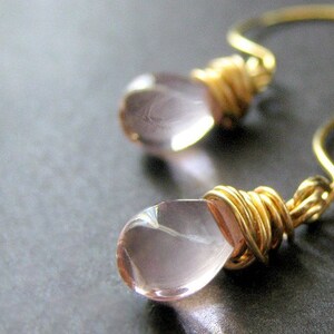 Pink Glass Teardrop Briolette Earrings Wire Wrapped in Gold Elixir of Innocence. Handmade Earrings. image 1