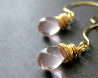 Pink Glass Teardrop Briolette Earrings Wire Wrapped in Gold - Elixir of Innocence. Handmade Earrings.