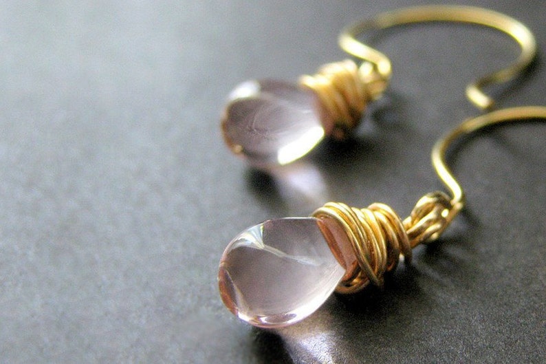 Pink Glass Teardrop Briolette Earrings Wire Wrapped in Gold Elixir of Innocence. Handmade Earrings. image 1