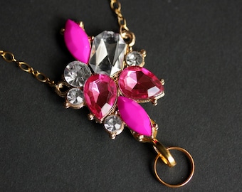 Hot Pink Rhinestone Badge Lanyard Necklace: Jewel Embellished Gold Lanyard