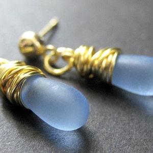Sky Blue Earrings. Gold Wire Wrapped Teardrop Earrings and Post Earring Backs. Handmade Jewelry