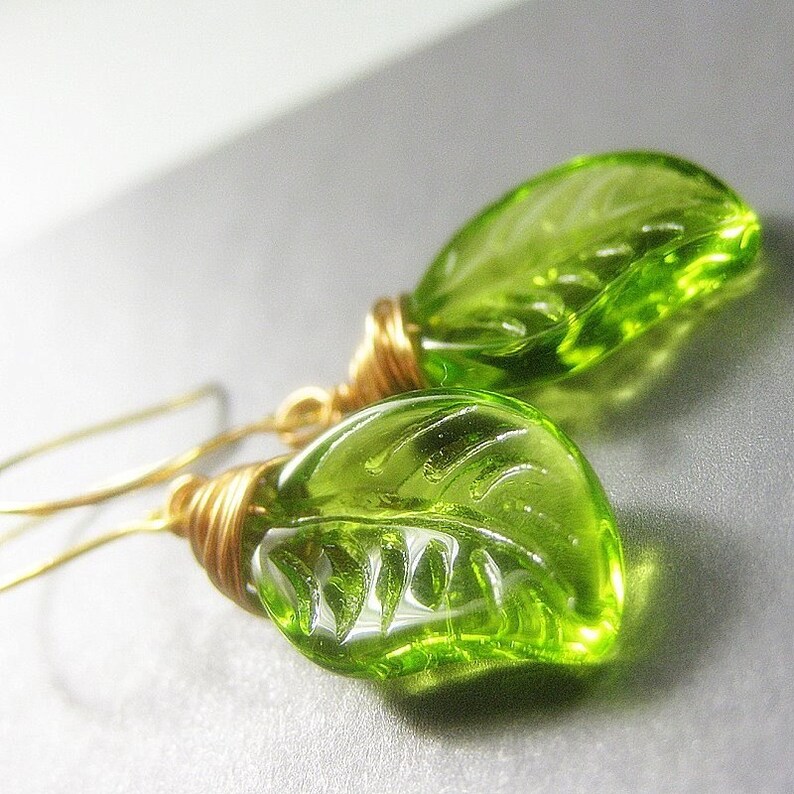 Glass Green Leaf Earrings, Wire Wrapped. Handmade Jewelry image 2