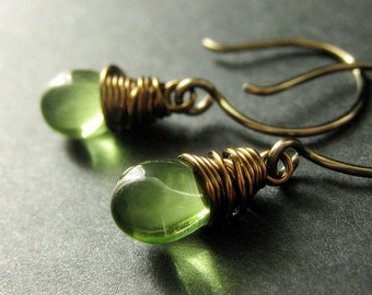 Handmade Green Teardrop Earrings: Bronze Wire Wrapped Dangle Earrings