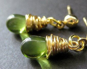 Green Earrings: Wire Wrapped Earrings. Gold Post Earrings. Handmade Jewelry