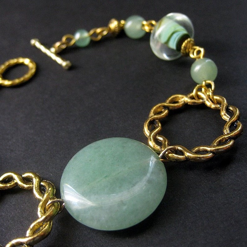 Aventurine and Lampwork Glass Bracelet in Gold. Handmade Jewelry image 2