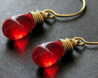 Red Glass Teardrop Wire Wrapped Earrings - Elixir of Blood in Gold. Handmade Earrings.