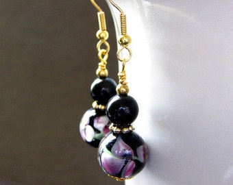 Beaded Lampwork Earrings - Night Peony Blooms. Handmade Earrings.