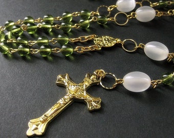 Catholic Rosary in Green with Golden Accents. Handmade Rosary.