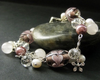 Purple Lampwork Glass Bracelet. Rose Quartz, Lampwork and Pearl Bracelet in Silver. Purple Bracelet. Lampwork Bracelet. Handmade Jewelry.