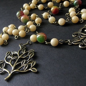 Tree Necklace. Gemstone Necklace in Aragonite, Jade and Bronze. Seasons Change Meditation Beads. Woodland Necklace. Handmade Necklace.