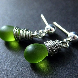 Silver Wire Wrapped Earrings, Green Frosted Teardrop Earrings, Silver Stud Earrings. Handmade Jewelry