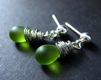 Silver Wire Wrapped Earrings, Green Frosted Teardrop Earrings, Silver Stud Earrings. Handmade Jewelry