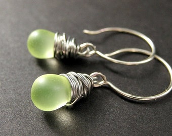 Wire Wrapped Earrings: Teardrop Earrings in Lemon Lime Frosted Glass. STERLING Silver. Handmade Earrings.