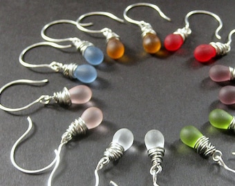 Frosted Teardrop Earrings, Wire Wrapped, Silver, Set of Seven. Handmade Jewelry