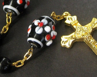 Pocket Rosary - Black, Red and White Floral Lampwork. Handmade Rosary.