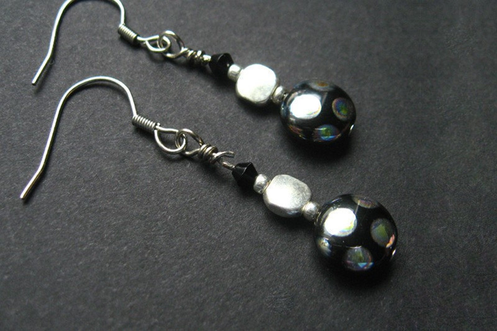 Bead Earrings Black and Silver Polkadots. Handmade Earrings. | Etsy