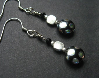 Bead Earrings Black and Silver Polkadots. Handmade Earrings.