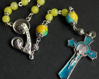 Neon Rosary. Bright Yellow and Turquoise Blue Rosary. Neon Yellow Rosary. Aqua Blue Rosary. Unisex Rosary. Silver Rosary. Handmade Rosaries.